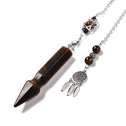 Tiger Eye Natural Tiger Eye Pointed Dowsing Pendulums, with Eco-Friendly Brass Findings, Platinum, Cadmium Free & Lead Free, Bullet, 31.35cm