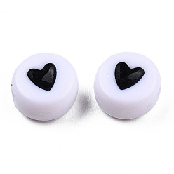 Noir Perles acryliques opaques, avec l'émail, plat et circulaire avec coeur, noir, 7x3.5mm, Trou: 1.2mm, environ3600~3700 pcs / 500 g