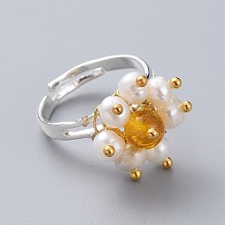 Citrine Adjustable Natural Citrine Finger Rings, with Natural Pearl, Silver Plated Brass Ring Shanks and Ball Head Pin, with Cardboard Packing Box, Size 7, 17mm