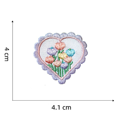 Lilas Tissu de broderie informatisé auto-adhésif/coudre sur des patchs, accessoires de costumes, coeur avec fleur, lilas, 40x41mm