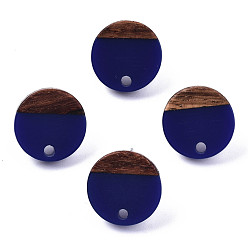 Bleu Foncé Conclusions de boucles d'oreilles en résine opaque et bois de noyer, 304 avec tige en acier inoxydable, plat rond, bleu foncé, 14mm, Trou: 1.8mm, pin: 0.7 mm