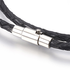 Black Leather Braided Cord Wrap Bracelets/Necklaces, Two Loops, with 304 Stainless Steel Magnetic Screw Clasps, Column, Black, 16.5 inch~16.9 inch(42~43cm), 3mm