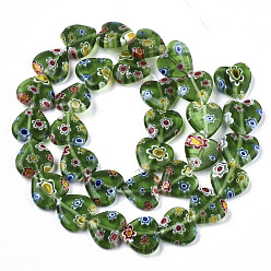 Vert Mer Moyen Brins de perles au chalumeau fait main millefiori, cœur, vert de mer moyen, 11~12x12x4~5mm, Trou: 1mm, Environ 32~33 pcs/chapelet, 12.72 pouces ~ 13.78 pouces (32.3~35 cm)