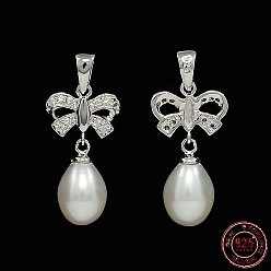 Platinum Bowknot and Teardrop Rhodium Plated 925 Sterling Silver Pearl Pendants, with Micro Pave Cubic Zirconia, Platinum, 27x12x7mm, Hole: 5x3mm