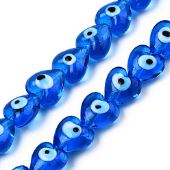 Dodger Blue Handmade Evil Eye Lampwork Beads Strands, Heart, Dodger Blue, 12~12.5x12~13x7.5mm, Hole: 1.2mm, about 33pcs/strand, 14.76 inch(37.5cm)