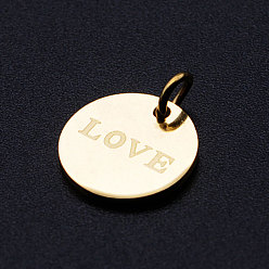 Golden 201 Stainless Steel Charms, with Jump Rings, Flat Round with Word LOVE, Golden, 12x1mm, Hole: 3mm