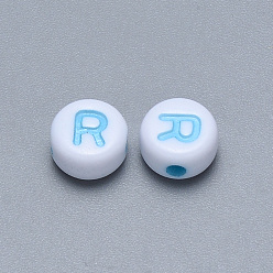 Letter R Craft Acrylic Horizontal Hole Letter Beads, Flat Round, Mixed Color, Letter.R, 7x3.5~4mm, Hole: 1.5mm, about 3600pcs/500g
