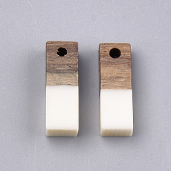 Creamy White Resin & Walnut Wood Pendants, Rectangle, Creamy White, 17x5.5x3~3.5mm, Hole: 1.5mm