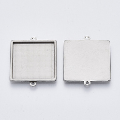 Stainless Steel Color 304 Stainless Steel Cabochon Connector Settings, Plain Edge Bezel Cups, Square, Stainless Steel Color, Tray: 25x25mm, 34x28x2.2mm, Hole: 1.8mm