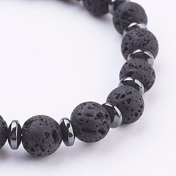 Lava Rock Natural Lava Rock Stretch Bracelets, with Non-Magnetic Synthetic Hematite Spacer Beads, 2-1/8 inch~2-3/8 inch(55~60mm)