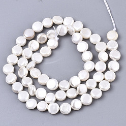 Linen Natural Freshwater Shell Beads Strands, Flat Round, Linen, 6x3mm, Hole: 0.7mm, about 59~62pcs/strand, 13.70 inch~14.45 inch(34.8~36.7cm)