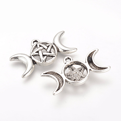 Antique Silver Tibetan Style Alloy Pendants, Cadmium Free & Lead Free, Triple Goddess Pentagram Moon, Pagan Jewelry, Antique Silver, 16x30x4mm, Hole: 2mm, about 390pcs/1000g