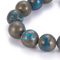 Dodger Blue Natural Pyrite Beads Strands, Dyed, Round, Dodger Blue, 14mm, Hole: 1mm, about 14pcs/strand, 8 inch
