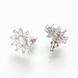 Platinum Cubic Zirconia Stud Earrings, with Brass Findings, Flower, Clear, Platinum, 14x4.5mm, Pin: 0.7mm