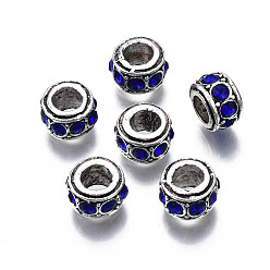 Capri Bleu Perles européennes en strass d'alliage , perles de pierre de naissance de septembre, Perles avec un grand trou   , sans cadmium et sans plomb, faire la fabrication de bijoux de bracelet européen, argent antique, rondelle, bleu capri, 11x6.5mm, Trou: 5mm