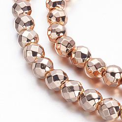 Rose Gold Plated Non-magnetic Synthetic Hematite Beads Strands, Grade A, Faceted, Round, Rose Gold Plated, 6mm, Hole: 1.1mm, about 72pcs/strand, 15.7 inch