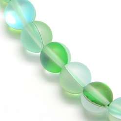 Vert Printanier Brins synthétiques de perles de lune, perles holographiques, demi couleur ab plaqué, givré, ronde, vert printanier, 10mm, Trou: 1mm, Environ 37 pcs/chapelet, 15 pouce