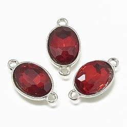 Red Alloy Glass Links connectors, Faceted, Oval, Platinum, Red, 22x12x6mm, Hole: 1.5mm