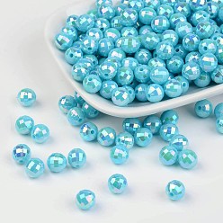 Cyan Faceted Colorful Eco-Friendly Poly Styrene Acrylic Round Beads, AB Color, Cyan, 8mm, Hole: 1.5mm, about 2000pcs/500g