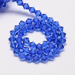 Blue Imitate Austrian Crystal Bicone Glass Beads Strands, Grade AA, Faceted, Blue, 3x3.5mm, Hole: 0.8mm, about 120~125pcs/strand, 14.8 inch