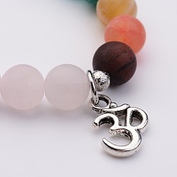 Mixed Stone Natural Gemstone Stretch Bracelets, with Alloy Om Symbol Pendants, Antique Silver, 2-1/8 inch(53mm)