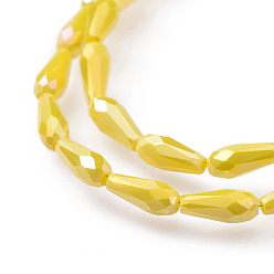 Yellow Electroplated Opaque Glass Beads Strands, Full Rainbow Plated, Faceted, Teardrop, Yellow, 9~10x4mm, Hole: 0.8mm, about 70~72pcs/strand, 25.98 inch~27.95 inch(66~71cm)