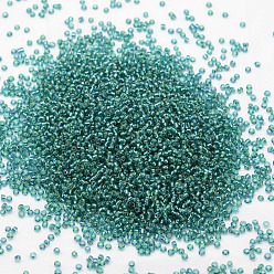 Teal 8/0 Transparent Glass Round Seed Beads, Grade A, Silver Lined, Teal, 2.8~3.2mm, Hole: 1.0mm, about 15000pcs/pound