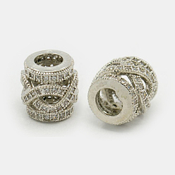 Platinum Brass Cubic Zirconia European Beads, Column, Clear, Platinum, 9x10mm, Hole: 5.5mm