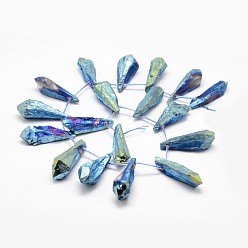 Blue Electroplated Natural Quartz Crystal Beads Strands, Top Drilled Beads, Dyed, Teardrop, Blue, 27~34x8~12x5~9mm, Hole: 1.5mm, about 22pcs/strand, 14.3 inch