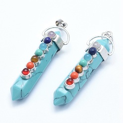 Synthetic Turquoise Chakra Jewelry, Synthetic Green Turquoise Double Terminated Pointed Pendants, with Natural & Synthetic Mixed Stone Alloy Findings, Bullet, Platinum, Dyed, 58~61x16.5~18x15.5~16mm, Hole: 4.5x7.5mm