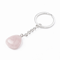 Quartz Rose Porte-clés quartz rose naturel, avec les accessoires en fer, pépite, platine, 85~100mm, pendentif: 25~40x14~25x11~18 mm, anneau: 27~28x2 mm