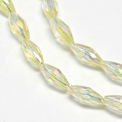 Light Yellow Electroplate Crystal Glass Rice Beads Strands, Faceted, Rainbow Color Plated, Light Yellow, 4x9mm, Hole: 1mm, about 58pcs/strand, 20.4 inch