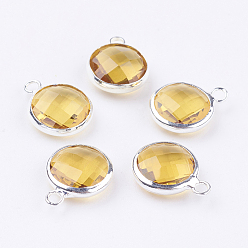 Yellow Silver Color Plated Brass Glass Flat Round Charms, Faceted, Yellow, 12x8.5x3mm, Hole: 1.5mm