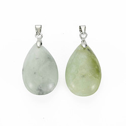 New Jade Natural New Jade Pendants, with Brass Findings, teardrop, 24~25x15~16x8~10mm, Hole: 5x4mm