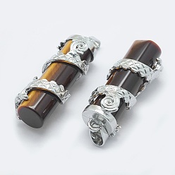 Tiger Eye Natural Tiger Eye Pendants, with Brass Findings, Column with Dragon, Platinum, 40.5~41.5x14x15mm, Hole: 3.5x5mm