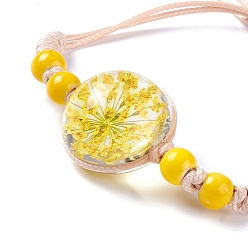 Gold Handmade Dry Pressed Flower Link Bracelet for Girl Women, Babysbreath Glass Cover Beads Adjustable Bracelet, Gold, Inner Diameter: 5/8~ 3-1/8 inch(1.5~7.9cm)