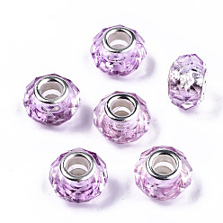 Orchidée Résine transparente perles européennes, cristal d'imitation, Perles avec un grand trou   , laiton avec ton argent noyaux doubles, facette, rondelle, orchidée, 14x9.5mm, Trou: 5mm