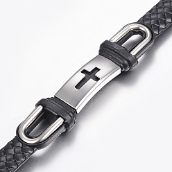 Noir Cuir PU bracelets de corde tressés, avec 304 accessoire en acier inoxydable, rectangle avec la croix, noir, 8-5/8 pouces (220 mm), 10~16x2.5~8.5mm
