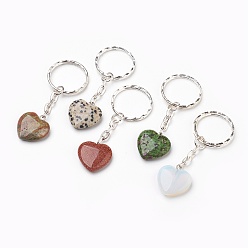 Mixed Stone Natural & Synthetic Mixed Stone Keychain, with Iron Key Clasp, Heart, Platinum, 70mm, Heart: 21~21.5x20~20.5x6mm