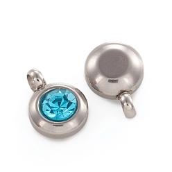 Aquamarine Trendy Original Color 304 Stainless Steel Grade A Rhinestone Flat Round Charm Pendants, March Birthstone Charms, Faceted, Stainless Steel Color, Aquamarine, 9x6.5x4mm, Hole: 2mm