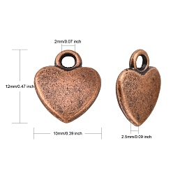 Red Copper Tibetan Style Alloy Charms, Red Copper, Lead Free and Cadmium Free, Heart, about 12mm long, 10mm wide, 2.5mm thick hole: 2mm