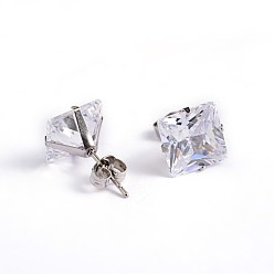 Clear Square Cubic Zirconia Stud Earrings, with 304 Stainless Steel Pins, Clear, 5.5x5mm, Pin: 0.9mm