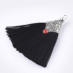 Black Polyester Tassel Pendant Decorations, with Alloy Findings and Enamel, Fan Shape, Antique Silver, Black, 45~50x40~44x7~10mm, Hole: 2.5mm