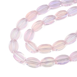 Pink Painted Transparent Glass Beads Strands, Oval, Pink, 8~10x6x2.5mm, Hole: 1mm, about 54Pcs/strand, 19.69~20.87''(50~53cm)