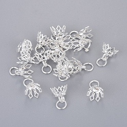 Silver Flower Rack Plating Brass Filigree Bead Cap Bails, 7-Petal, Silver Color Plated, 8x8mm, Hole: 3mm