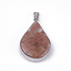 Goldstone Synthetic Goldstone Pendants, with Glass and 304 Stainless Steel Findings, teardrop, Stainless Steel Color, 26.5~27x17~17.5x6.5~7mm, Hole: 3x5.5mm