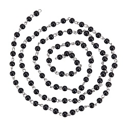 Black Handmade Glass Pearl Beads Chains, with Iron Eye Pin, Unwelded, Platinum, Black, 6mm, about 1m/strand, 39.3 inch/strand