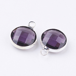 Purple Silver Color Plated Brass Glass Flat Round Charms, Faceted, Purple, 12x8.5x3mm, Hole: 1.5mm