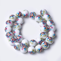 Coloré Perles de verre imprimées et peintes au pistolet, ronde avec motif de fleurs, colorées, 12~12.5x11.5mm, Trou: 1.4mm