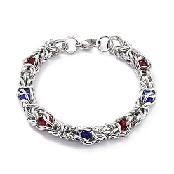 Colorful 304 Stainless Steel Byzantine Chain Bracelet for Girl Women, Round Glass Beads Bracelet, Colorful, 8-1/4~8-5/8 inch(21~22cm)